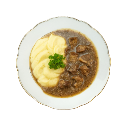 Schwarzbiergulasch mit Kartoffel-Sellerie-Püree